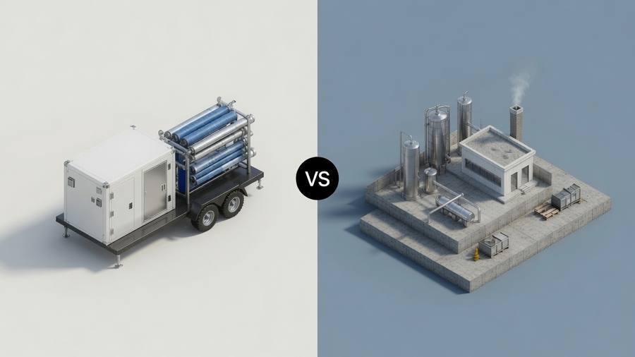 Mobile RO trailer unit compared to a permanent capital water treatment installation
