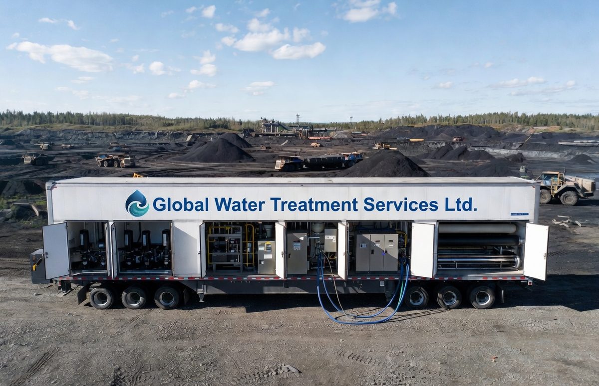 Global Water Treatment Services — Mobile MF and RO unit deployed at oil sands mine site, Alberta
