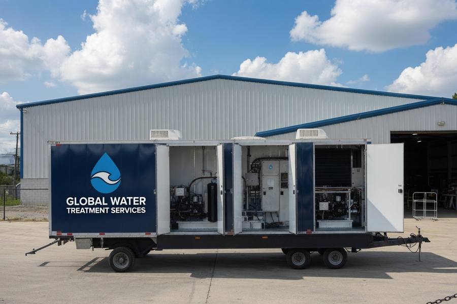 Global Water Treatment Services mobile RO trailer unit at an industrial facility